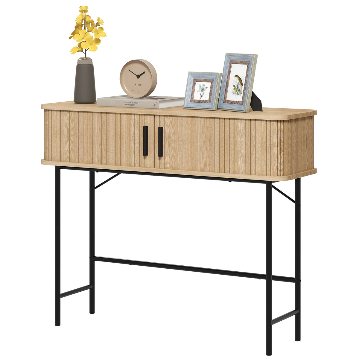 Mid-Century Entryway Console Table with Storage Compartments, Oak