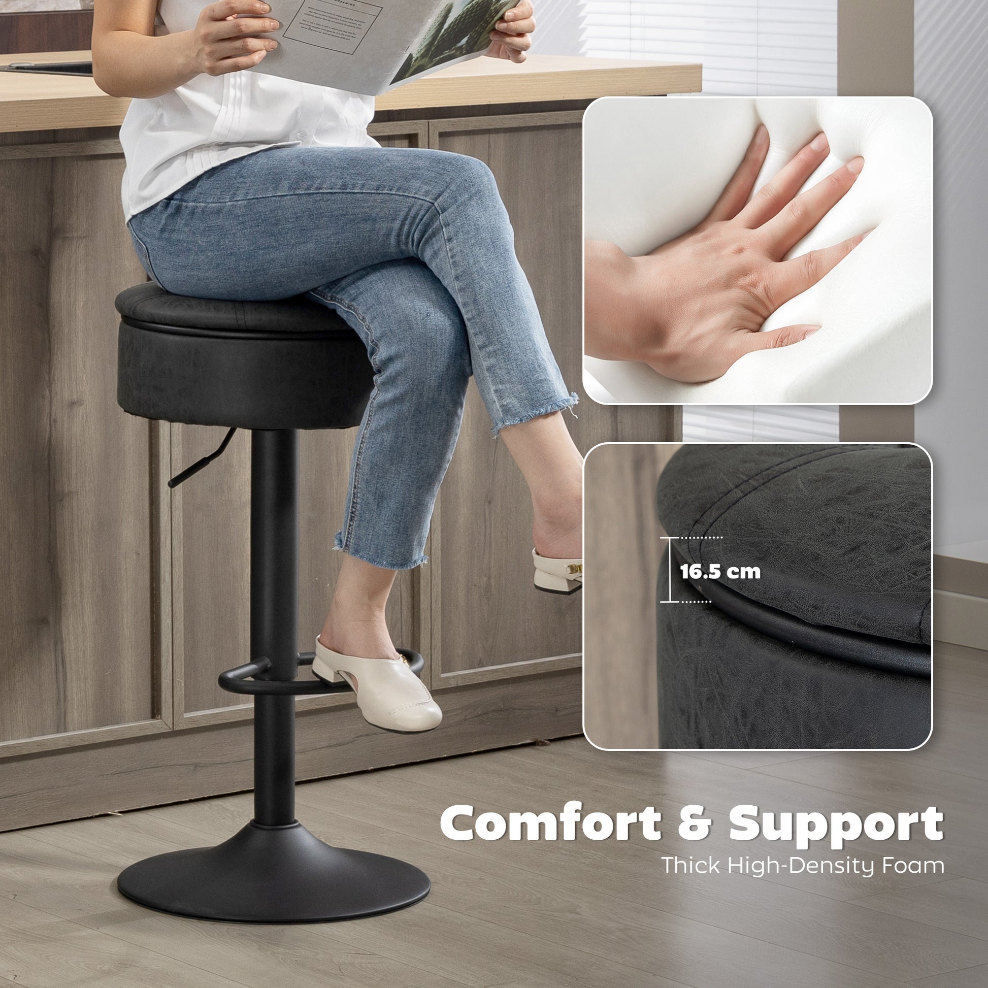 HOMCOM 2-Piece Black Swivel Bar Stools: Hidden Storage, PU Leather, Footrest