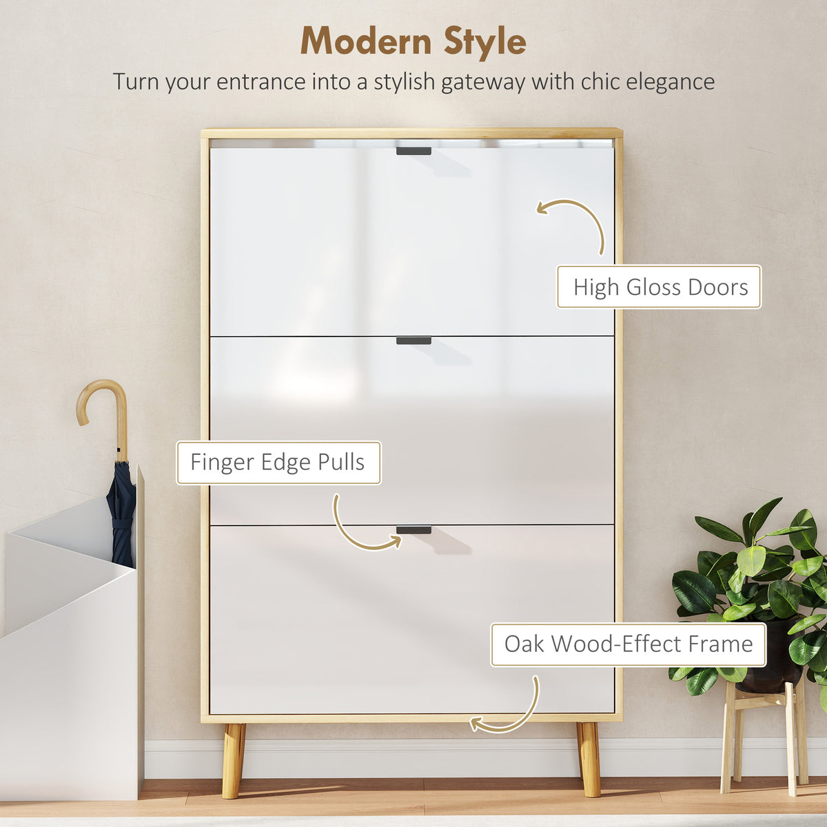 High Gloss Narrow Shoe Cabinet with 3 Flip Drawers – 32"W x 50"H