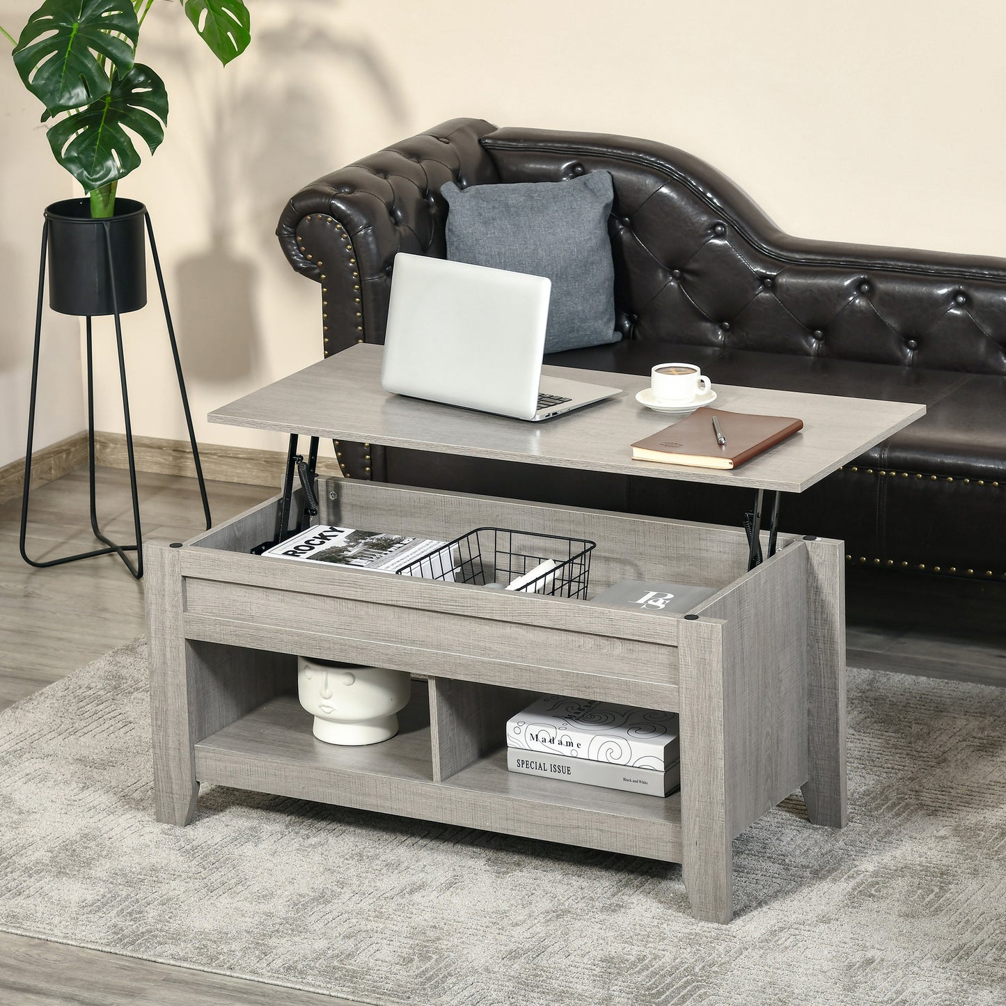 HOMCOM Lift Top Coffee Table: Hidden Storage, Open Shelves, Pop-Up Work Surface