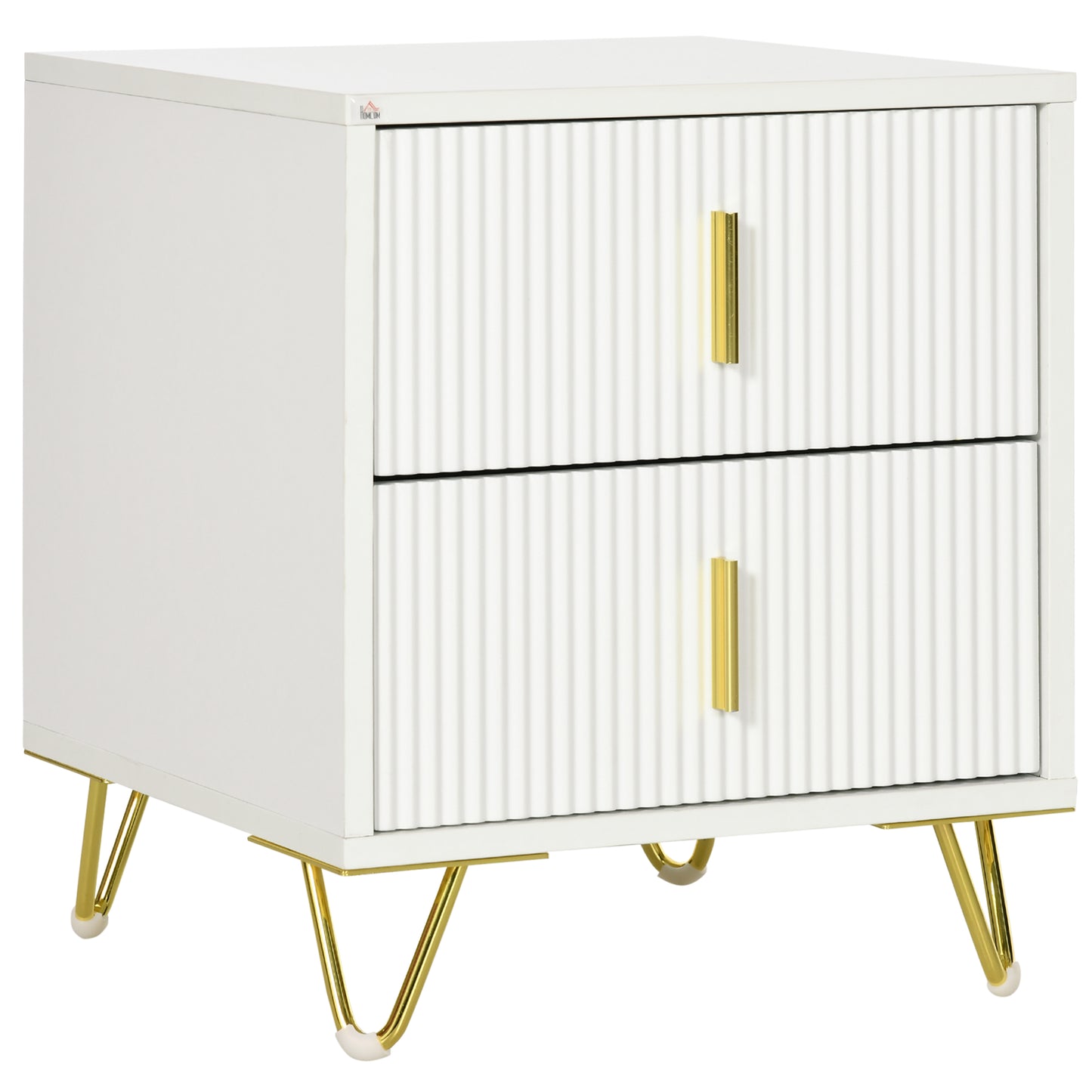 Modern White Nightstand Bedside Table with 2 Storage Drawers, Gold Metal Legs