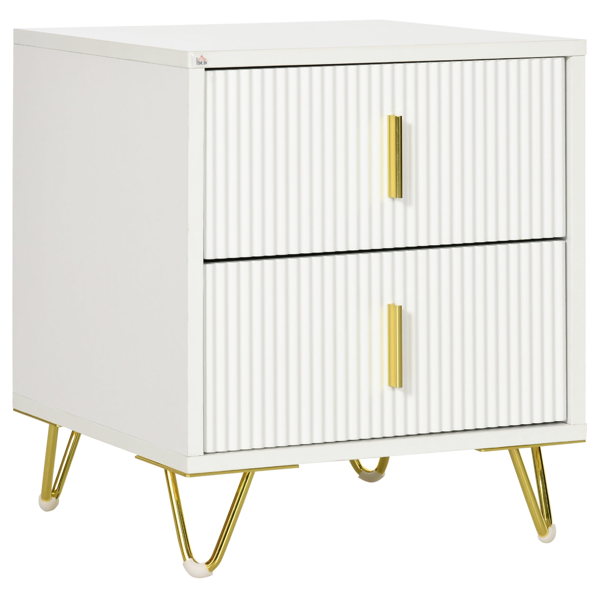 Modern White Nightstand Bedside Table with 2 Storage Drawers, Gold Metal Legs