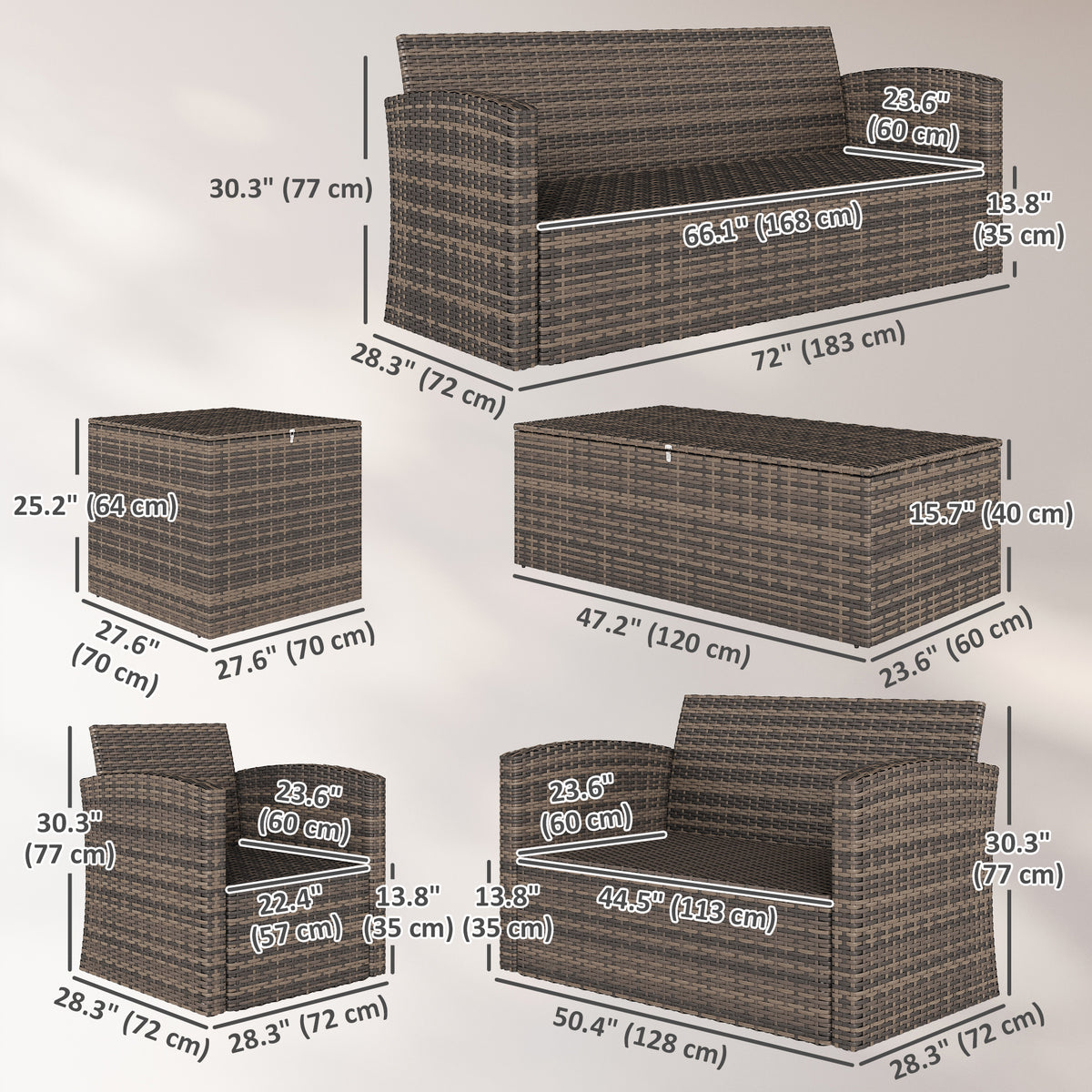 6 Pieces Wicker Patio Furniture Set with Cushions, 7-Seater Rattan Patio Sofa Set with Storage Table
