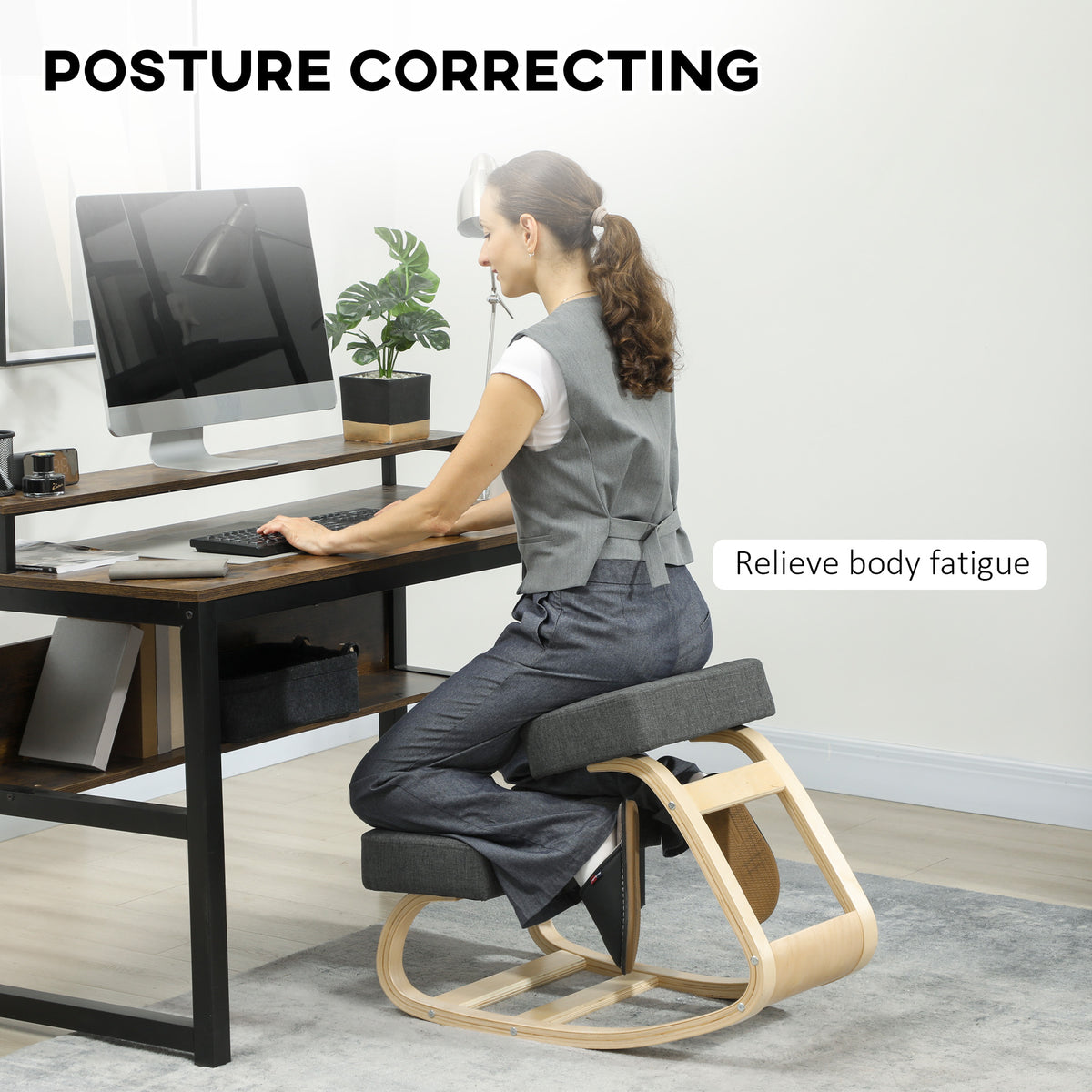 Ergonomic Kneeling Chair, Wood Kneel Stool with Thick Pads, Desk Knee Chair, Dark Grey