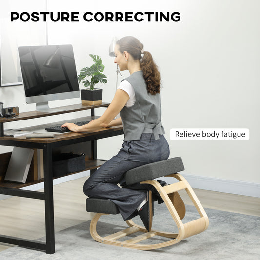 Ergonomic Kneeling Chair, Wood Kneel Stool with Thick Pads, Desk Knee Chair, Dark Grey