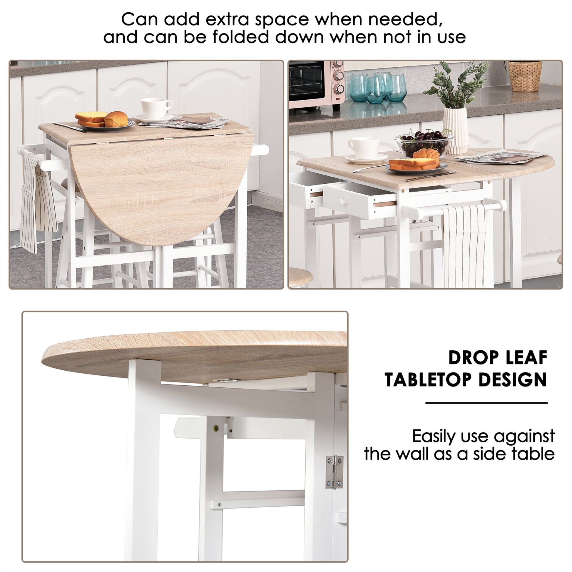 HOMCOM Kitchen Trolley 3-Piece Set with Drop Leaf Table, White