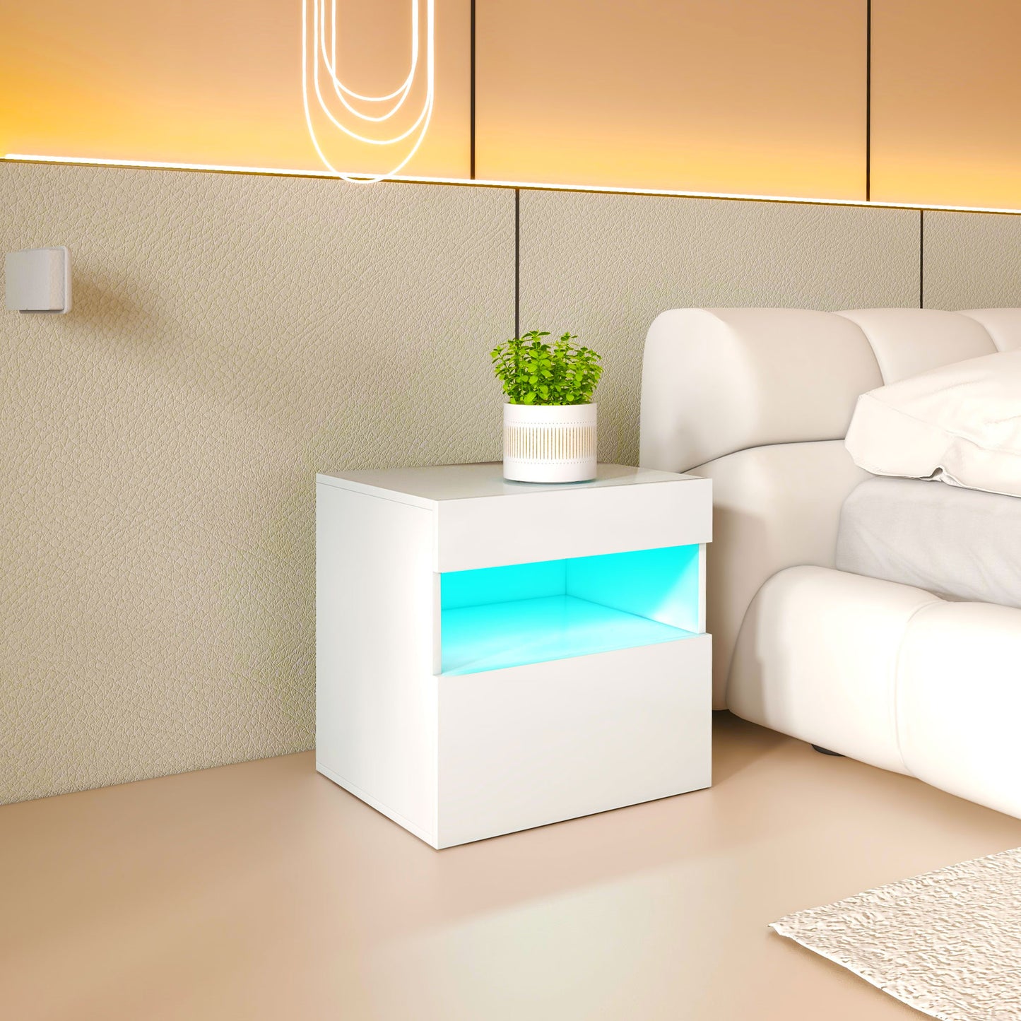 HOMCOM Modern White LED Nightstand Bedside Table with Drawer & Storage