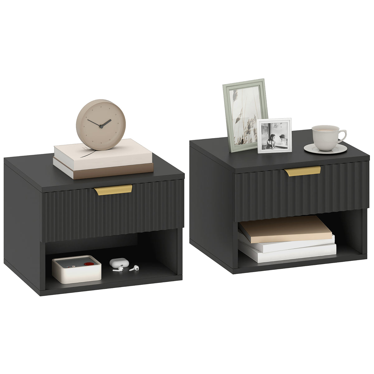 Floating Nightstands with Drawer and Open Shelf, Set of 2 – 16"W x 11"H
