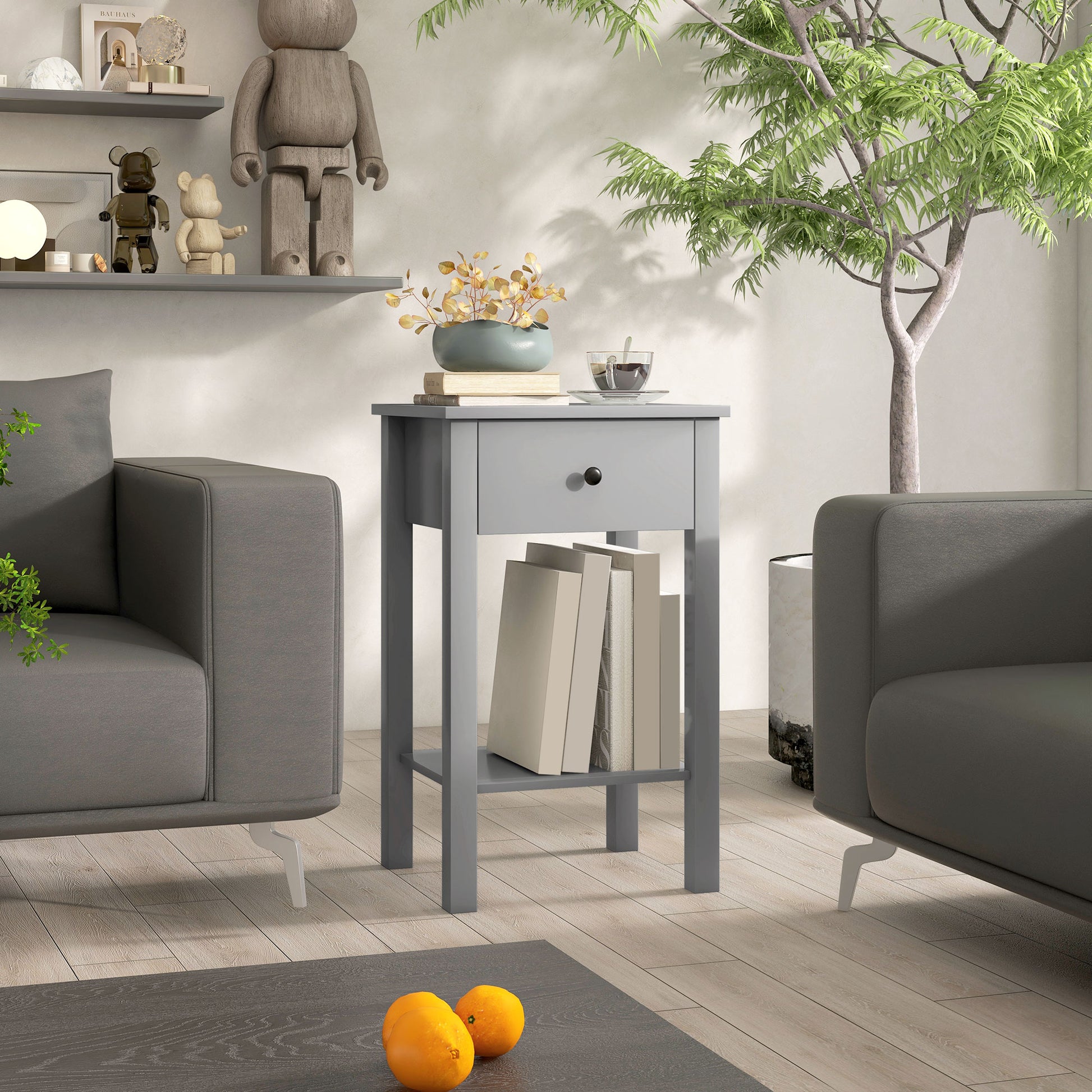 HOMCOM Grey 2-Piece End Tables with Drawer and Bottom Shelf