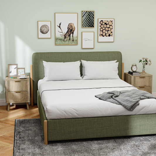 HOMCOM Modern Oak Nightstands Set of 2, Fluted Drawers, Finger Pulls