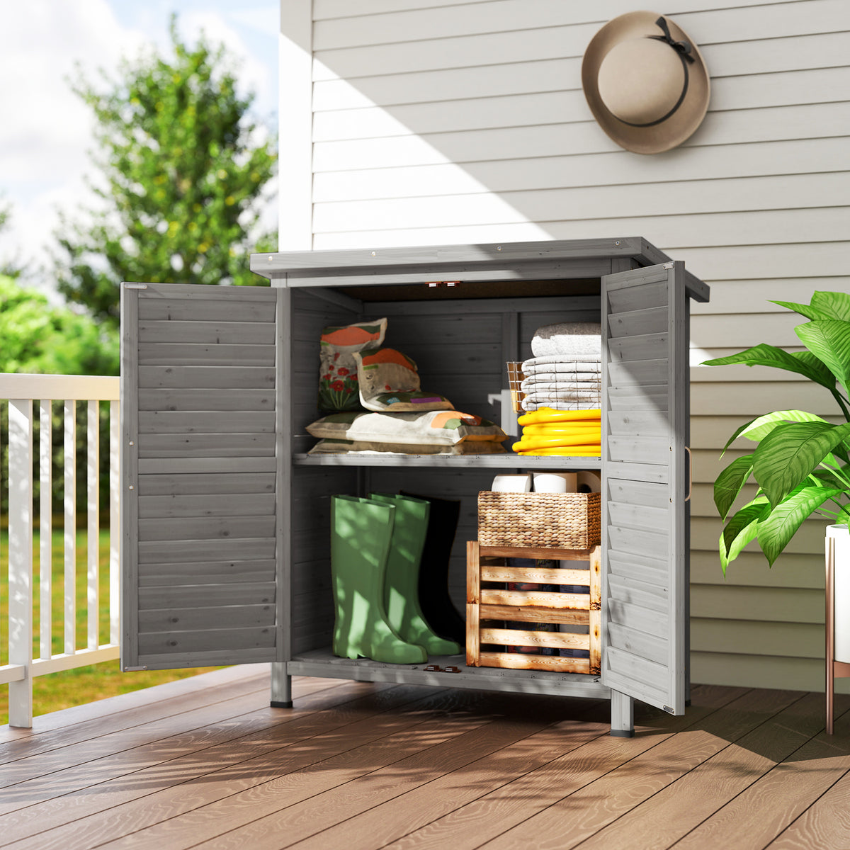 Wooden Garden Storage Shed Kit Wood Garage Tool Organisation Cabinet with 2 Door, 34" x 18" x 38" – Grey