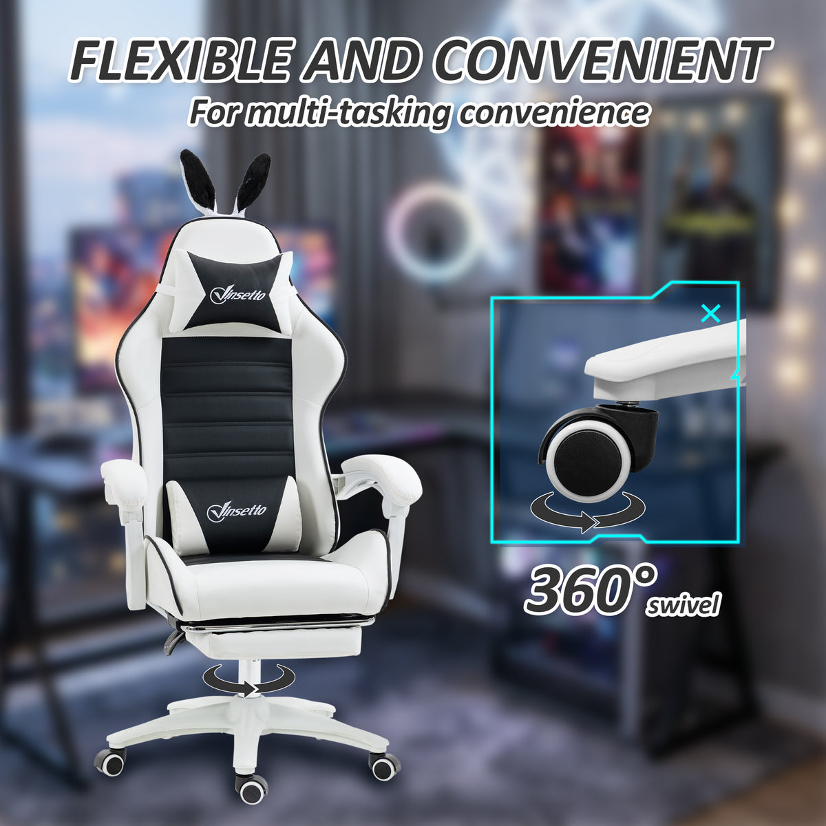 Cute Racing Gamer Chair, PU Leather Gaming Chair with Footrest, Black