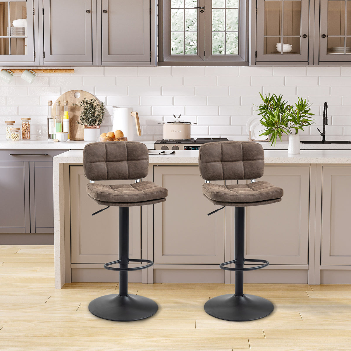 PU Leather Adjustable Swivel Counter Stools with Back and Footrest, Set of 2, Black