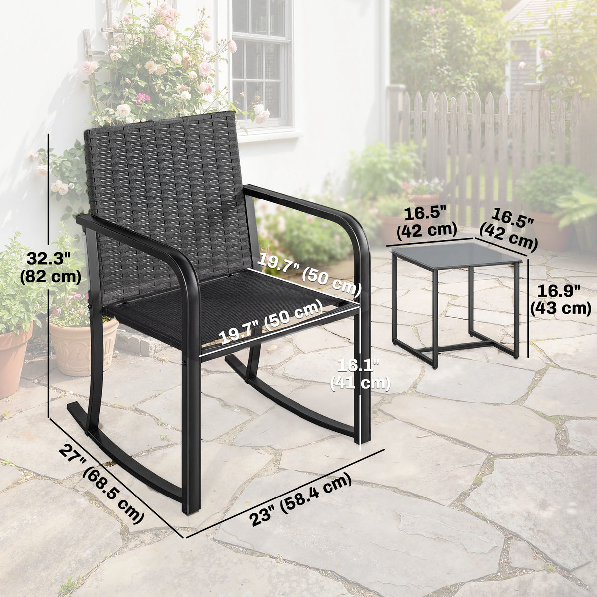 3 Pieces Rocking Bistro Set Outdoor Patio Furniture Set with Cushions, Glass Coffee Table for Balcony – Cream White