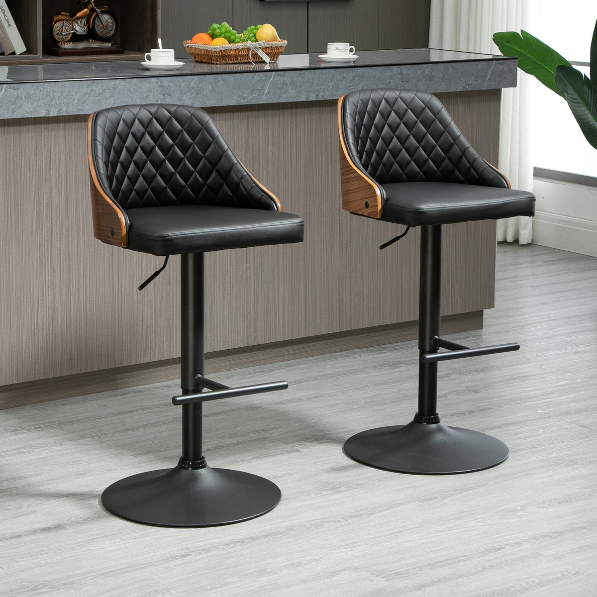 PU Leather Swivel Bar Height Stools with Wood Back, Adjustable, Set of 2, Black