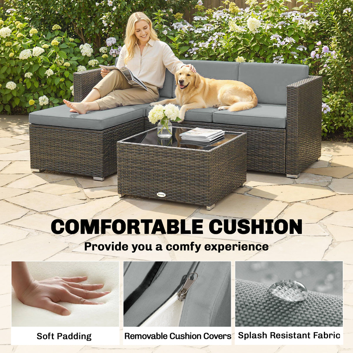 3 Pieces Patio Furniture Set with Cushions, Outdoor PE Rattan Wicker Conversation Corner Sofa Set with Glass Top Table – Brown, Light Grey