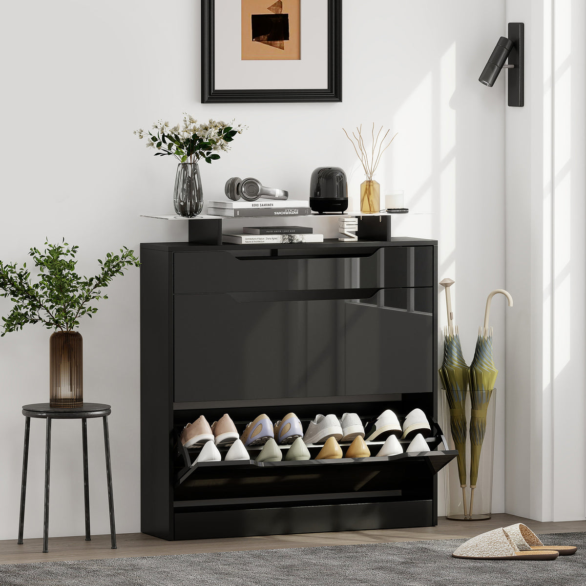 High Gloss Shoe Cabinet with 2 Flip Drawers – 35"W x 38"H