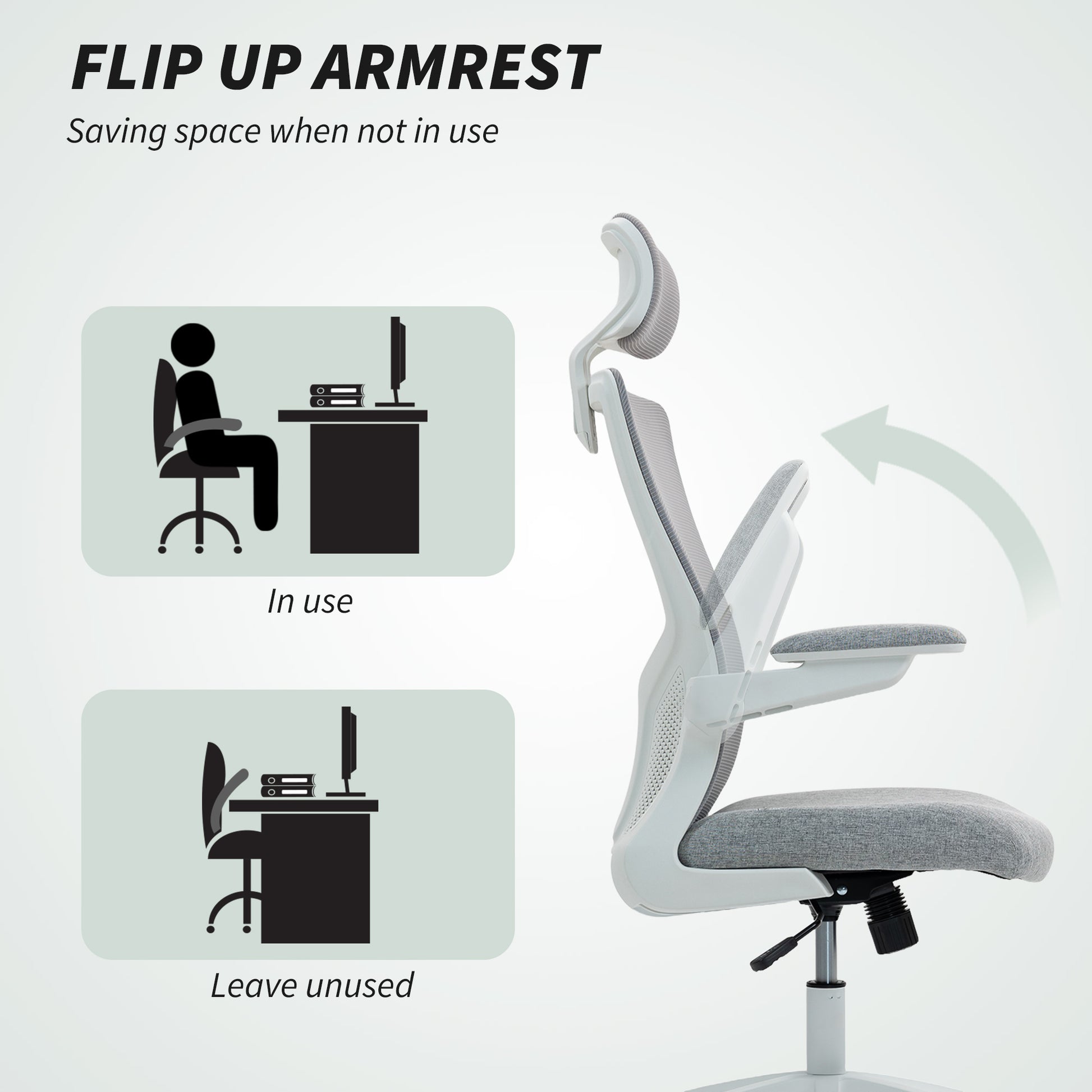 HOMCOM Ergonomic Grey Mesh Office Chair, Adjustable Lumbar, Headrest, Flip-Up Armrests