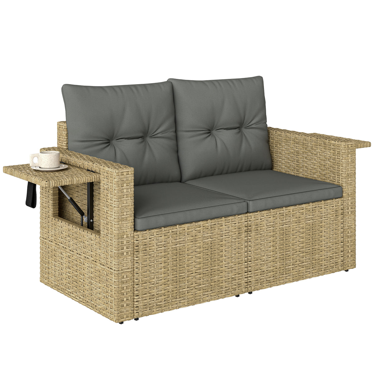 Wicker Outdoor Sofa with Side Trays, Rattan Patio Loveseat with Cushions for Garden Balcony