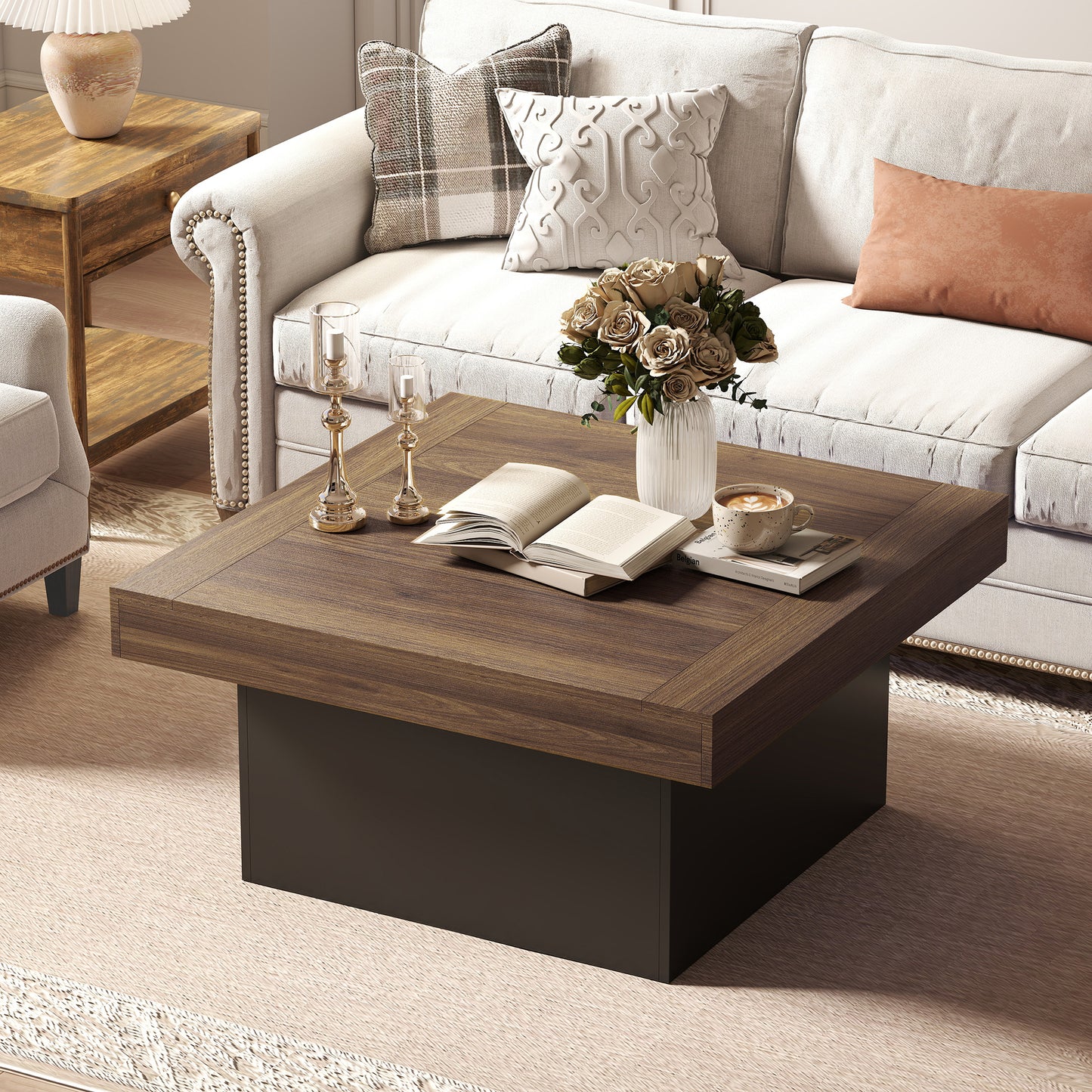 HOMCOM Square Coffee Table with 16-Colour LED Lights, Walnut, 35-Inch