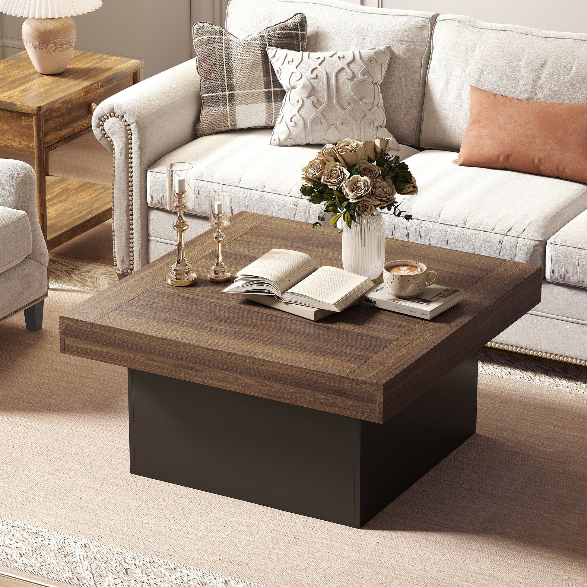 HOMCOM Square Coffee Table with 16-Colour LED Lights, Walnut, 35-Inch