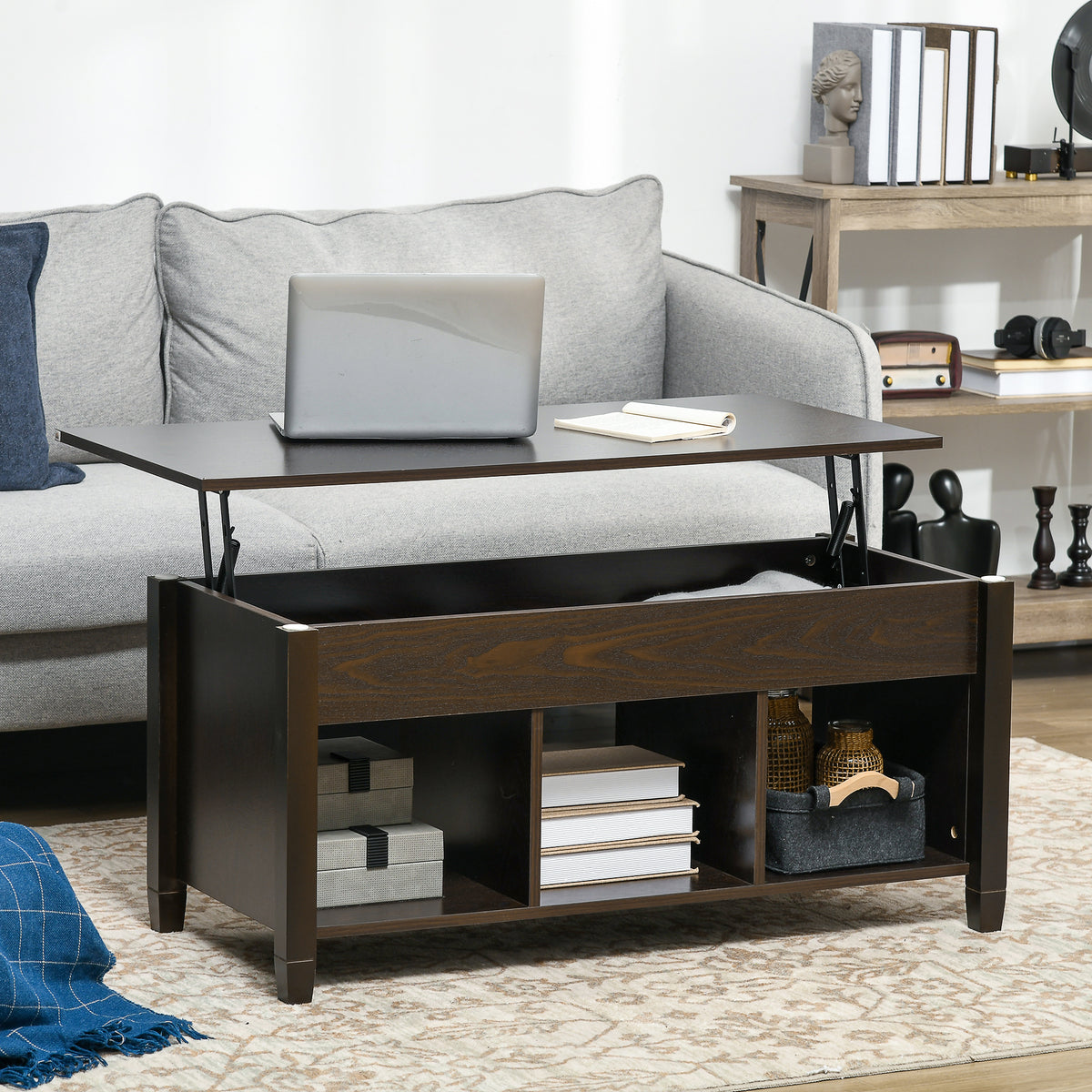 41" Lift-Top Coffee Table with Hidden Compartment and 3 Open Shelves