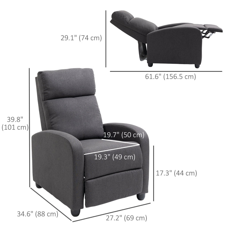 HOMCOM Manual Fabric Recliner Armchair, Padded Single Sofa, Dark Grey