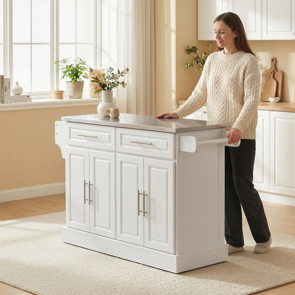 Kitchen Island with Stainless Steel Top – 57"W x 36"H