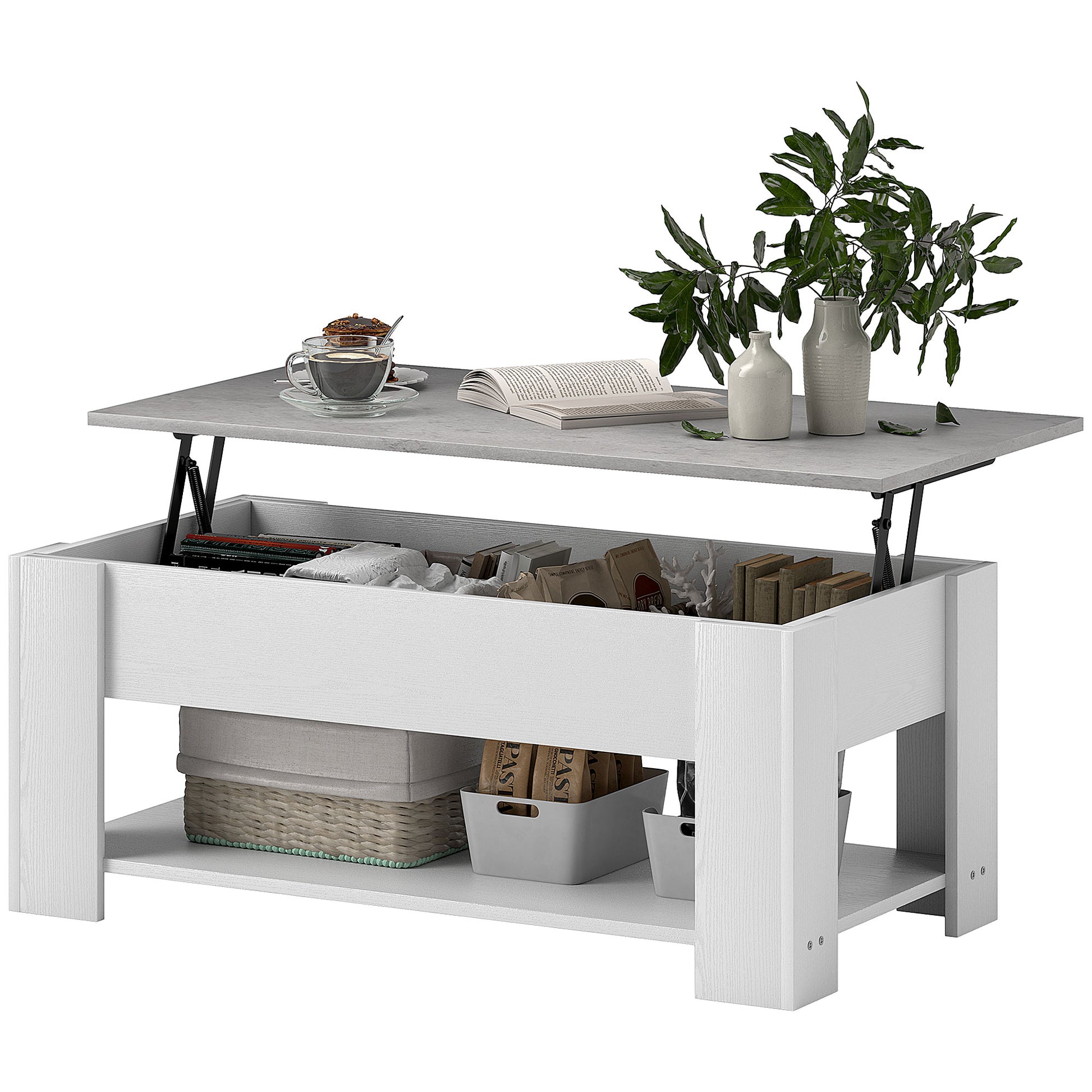 Modern White Lift Top Coffee Table with Hidden Storage and Open Shelf