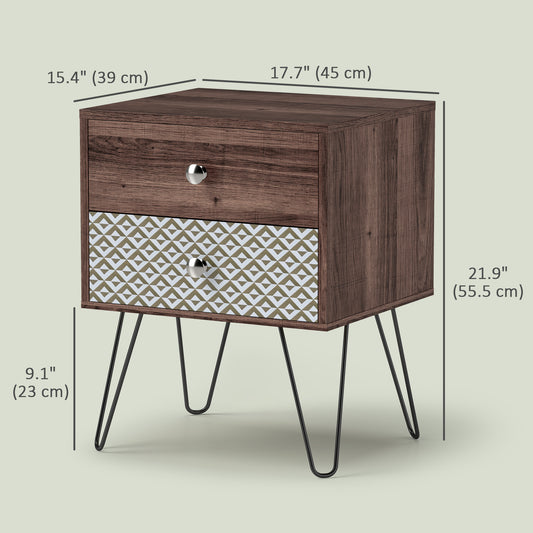 HOMCOM Boho Wood-Effect Nightstand with Two Drawers and Hairpin Legs