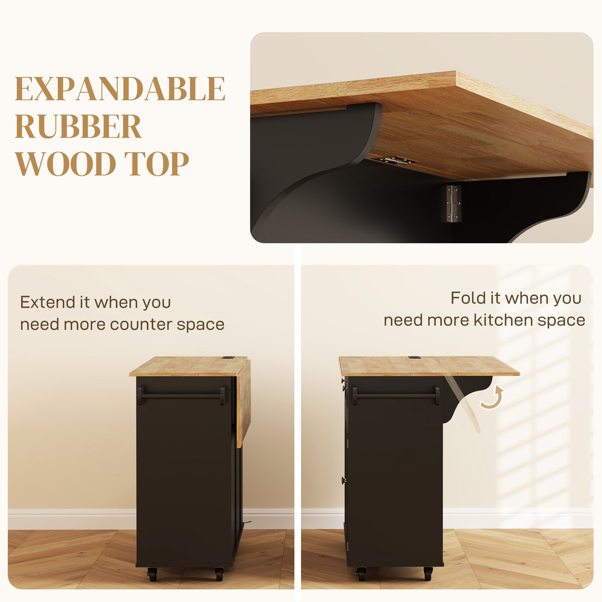 Kitchen Island with Power Outlet and Drop Leaf – 40"W x 33"H