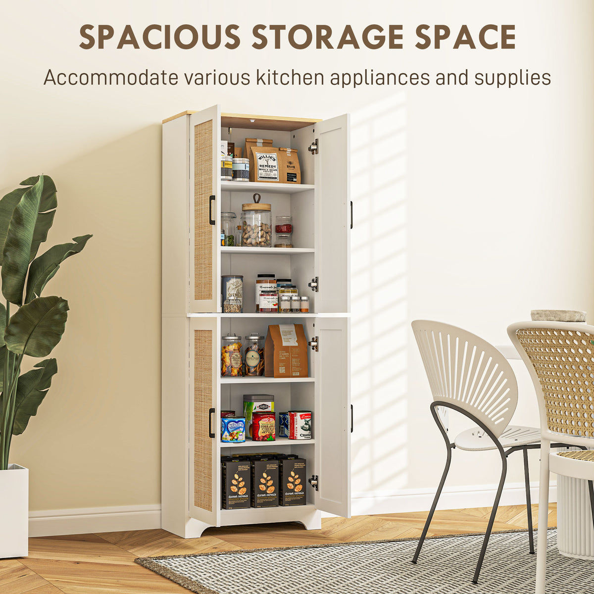 Tall Kitchen Pantry with 4 Rattan Doors and Adjustable Shelves – 24"W x 67"H