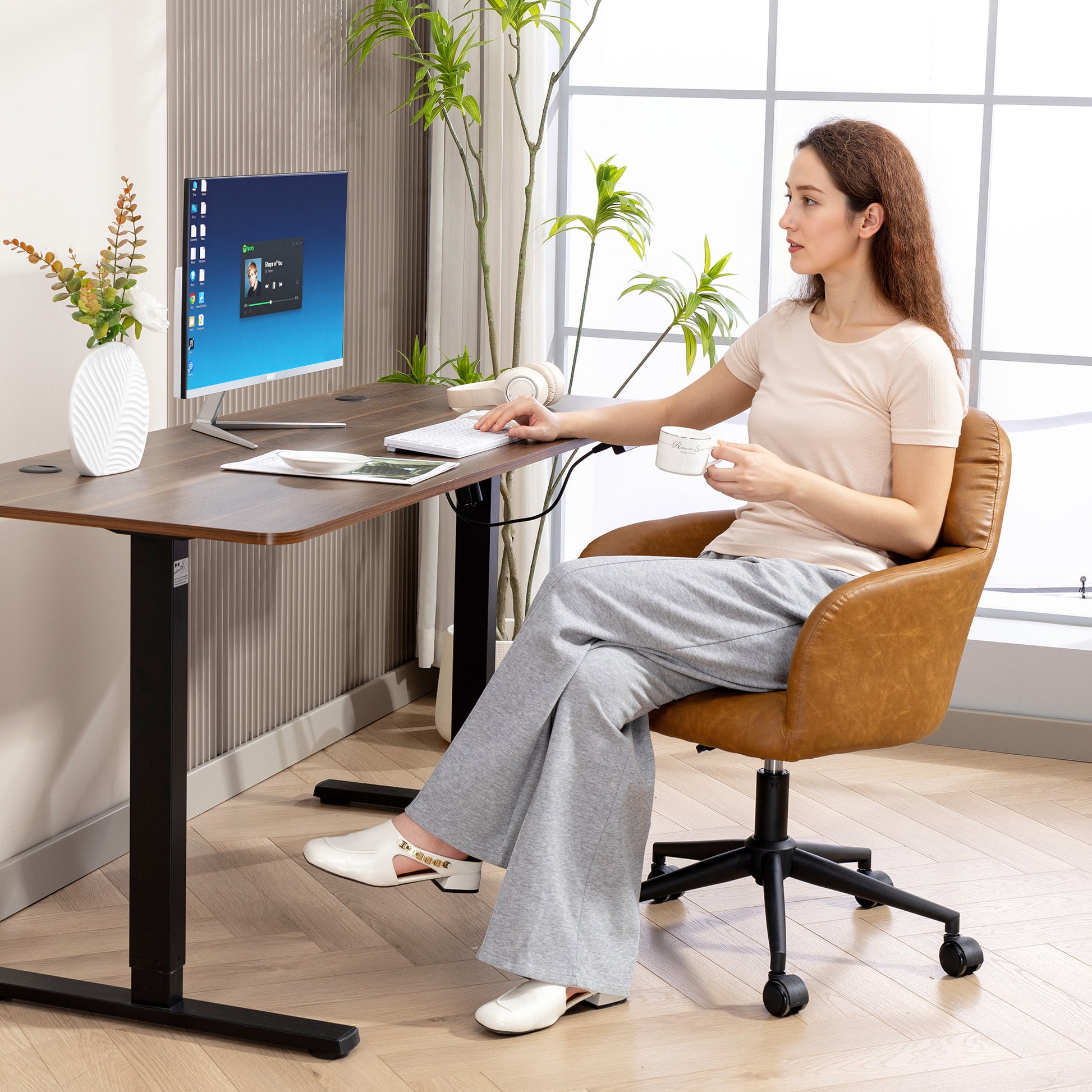 HOMCOM Swivel Faux Leather Office Desk Chair, Adjustable Height, Ergonomic Lumbar Support, Brown