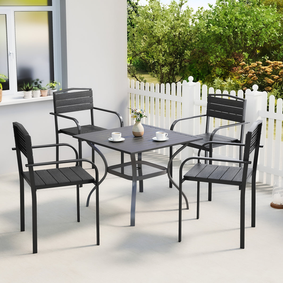 Stackable Patio Chairs Set of 4, Outdoor Dining Chairs with Slatted HDPE Seat, Armrests for Garden, Backyard
