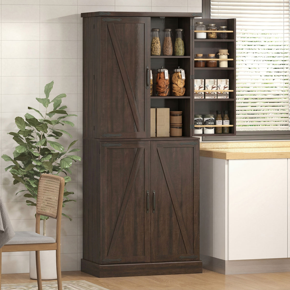 Farmhouse Storage Cabinet with 8 Door Racks and Adjustable Shelves – 30"W x 72"H