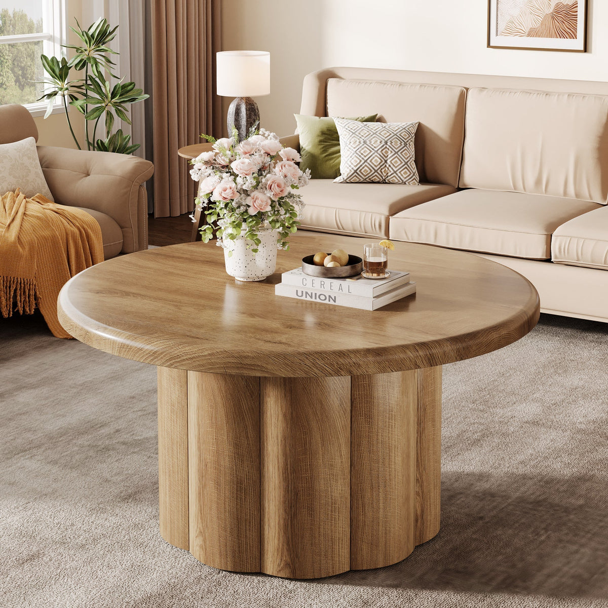 31.5" Round Coffee Table, Farmhouse Center Table with Fluted Drum Base