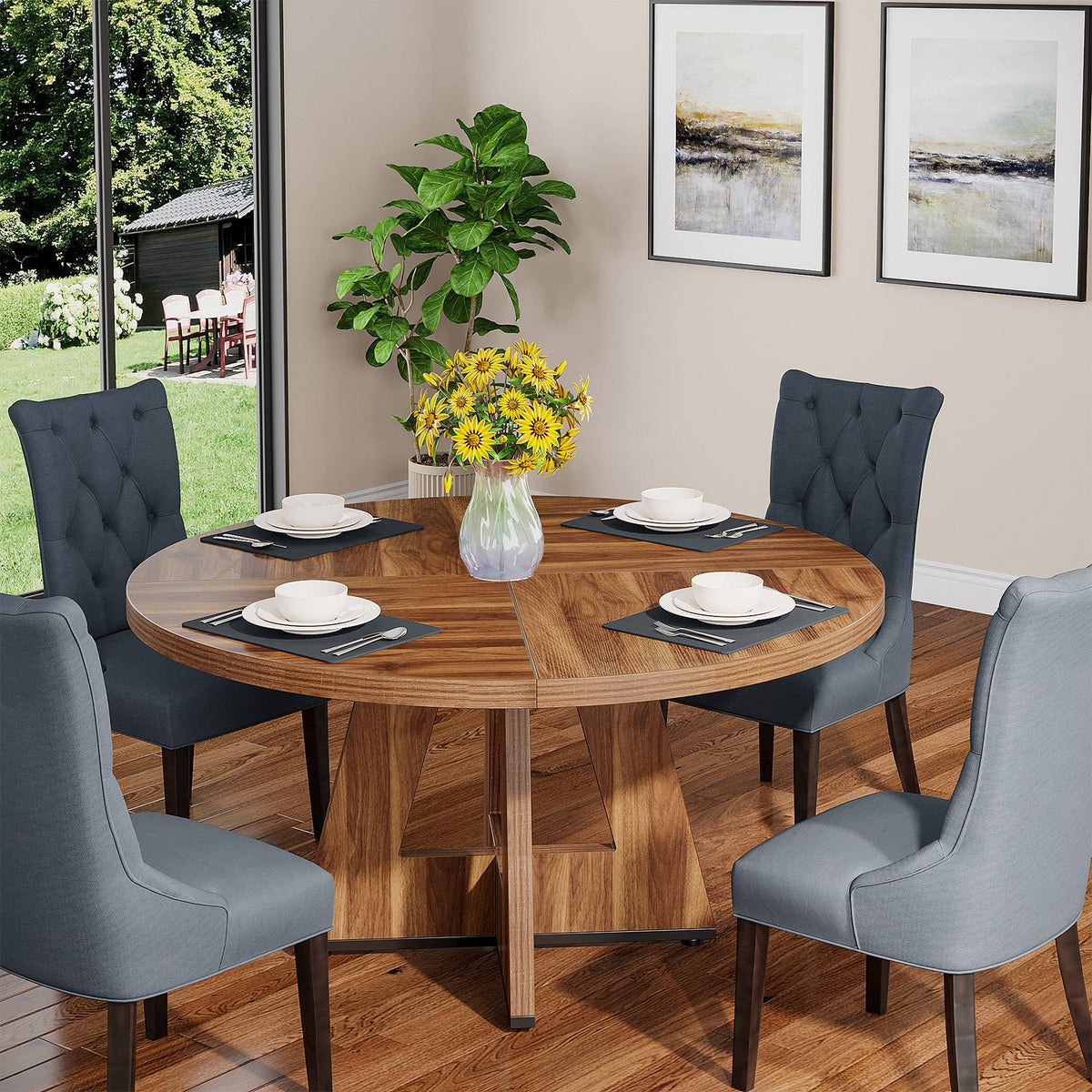 Round Dining Table for 4, 47" Wood Kitchen Table Farmhouse Dinner Table