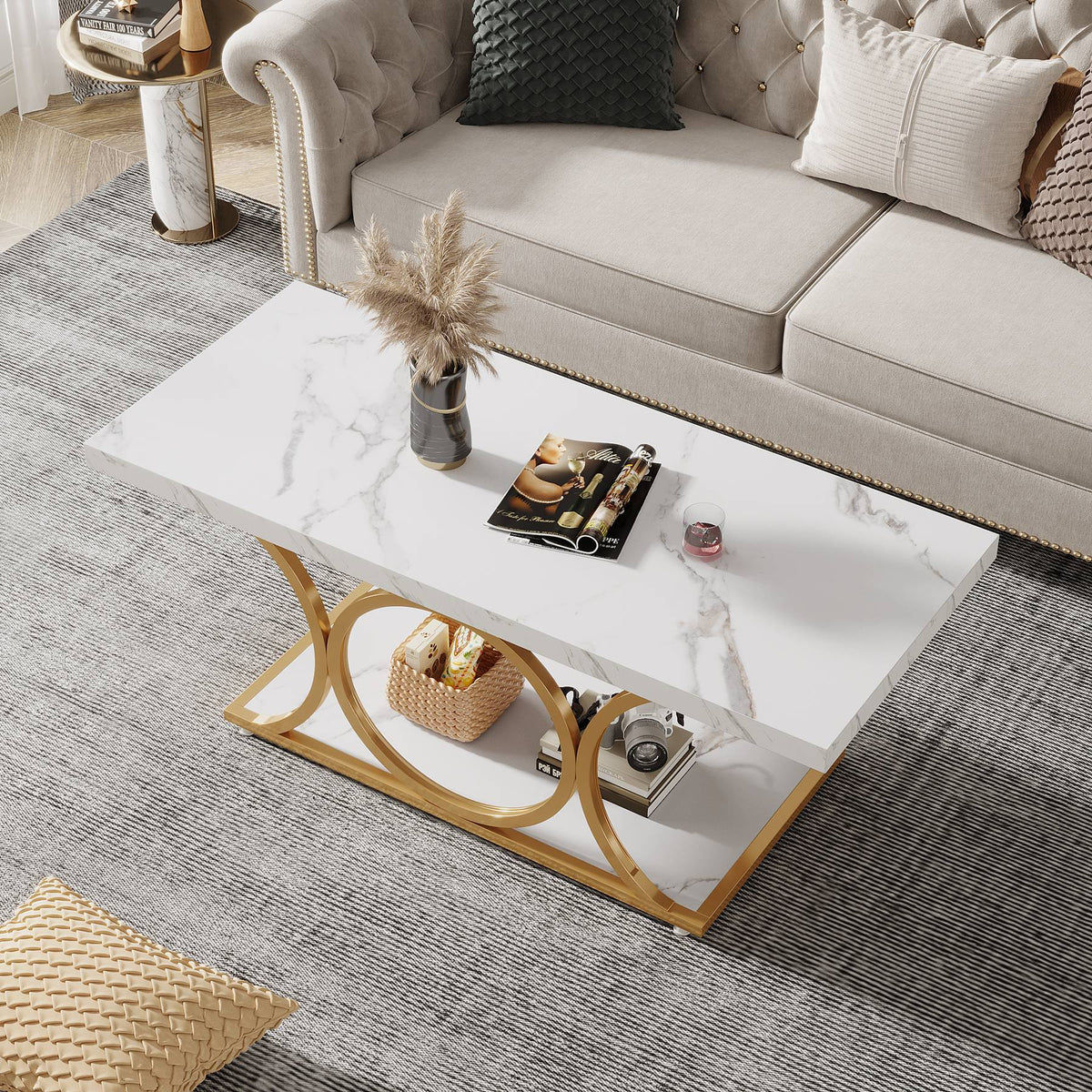 Rectangle Coffee Table, 46.45" Center Table with Faux Marble Top