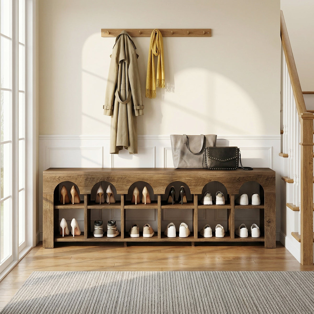 63" Entryway Bench with Shoe Storage, Farmhouse Bench with 12 Cubbies