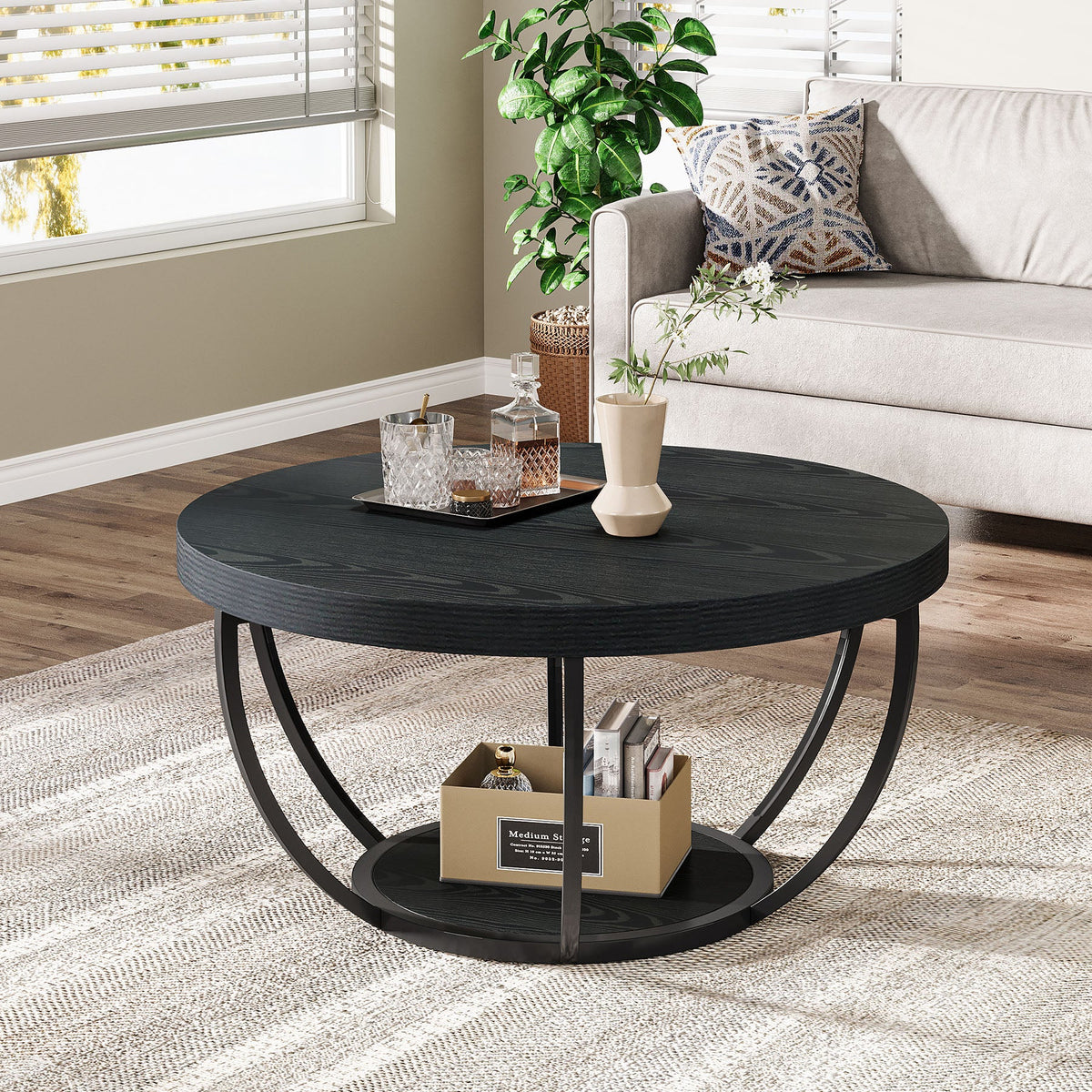 Round Coffee Table, 2-Tier Central Cocktail Table with Shelves