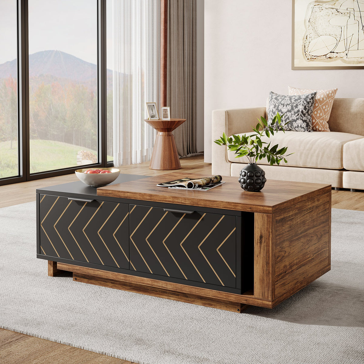 Extendable Coffee Table, Center Table Cocktail Table with 2 Storage Drawers