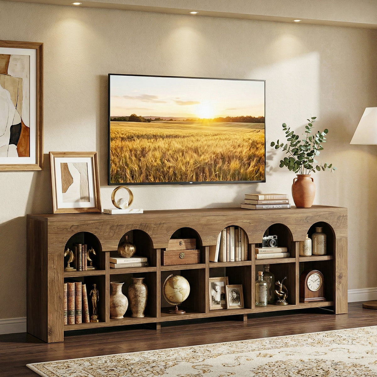 63” TV Stand for 50-75" TVs, Farmhouse Entertainment Center with 2-Tier Arched Cubbies
