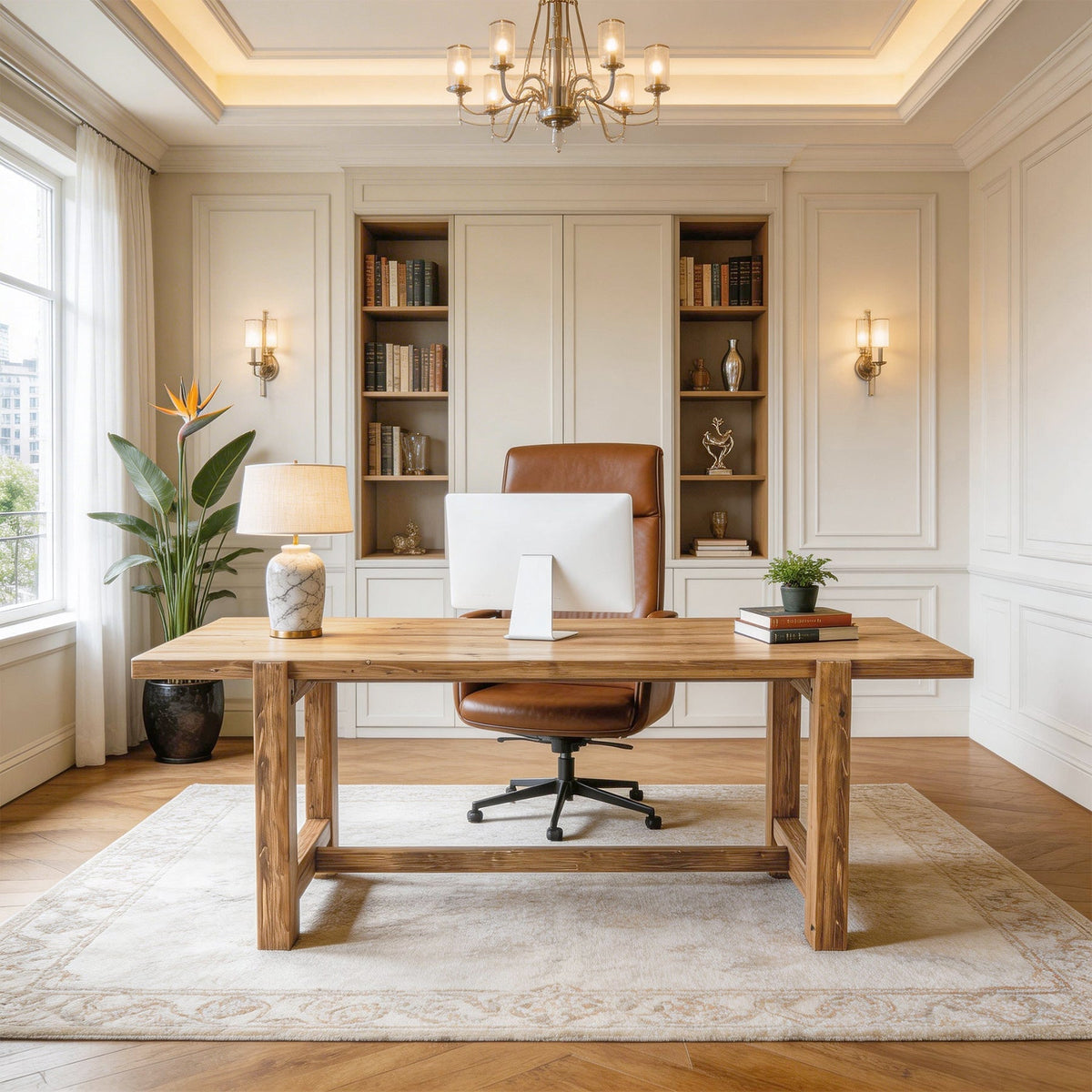 63" Solid Wood Computer Desk, Farmhouse Executive Desk for Home Office