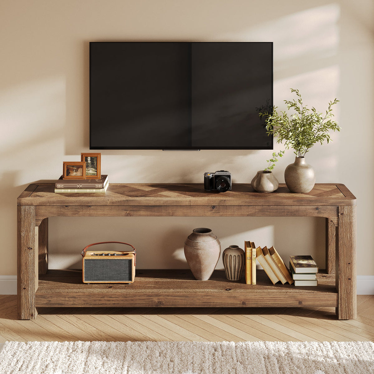 63" Solid Wood TV Stand, Entertainment Center with Open Shelves for 65" TV