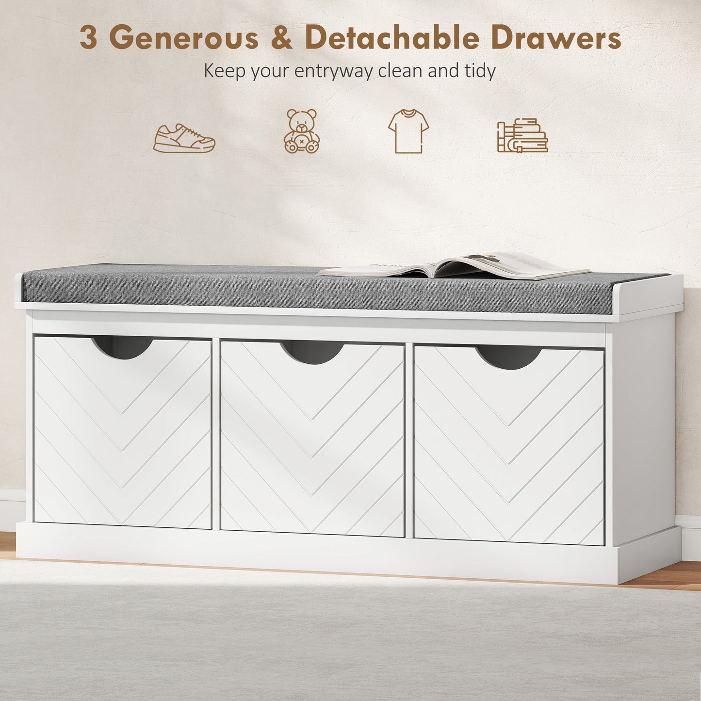 HOMCOM Entryway Shoe Storage Bench with Padded Seat, 3 Removable Drawers, Linen-Look Fabric, White