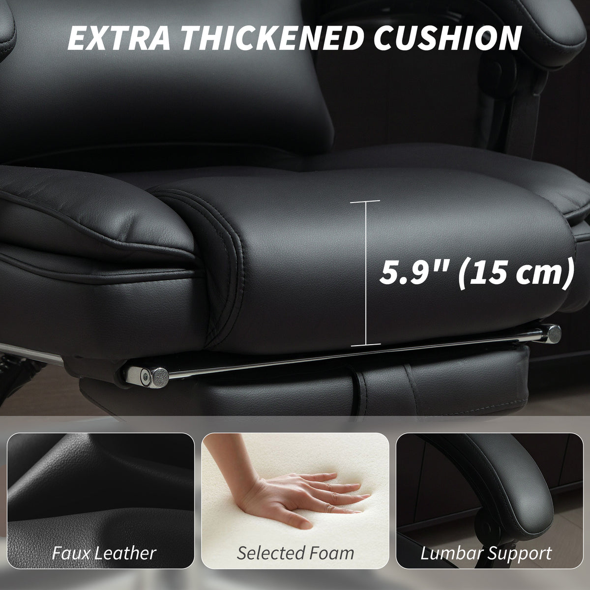 PU Leather Office Chair, Reclining Desk Chair with Footrest, Adjustable Headrest, Black