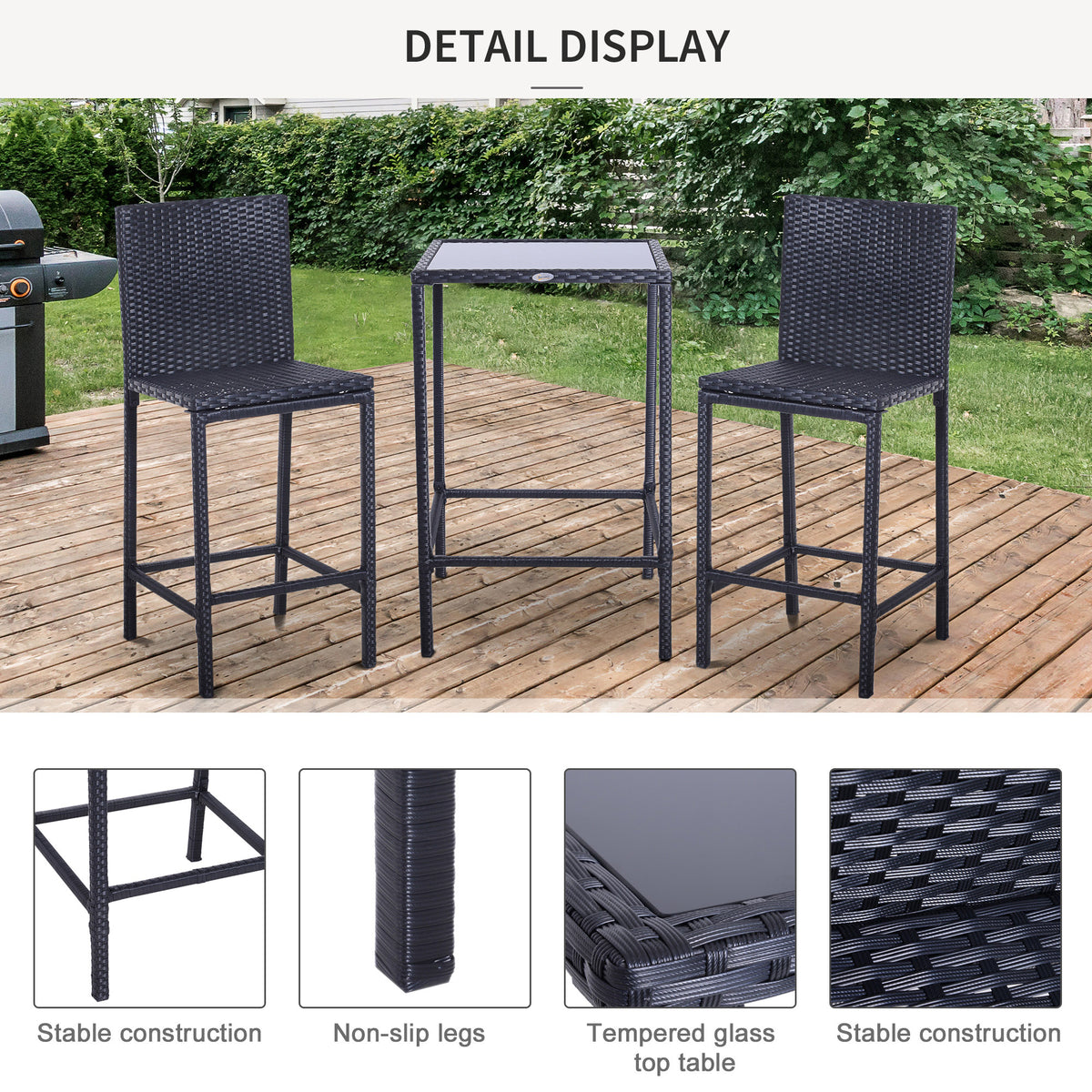 3 Piece Patio Bar Set Wicker Rattan Garden Bistro Set Barstool and Table for Patio Backyard Balcony Poolside