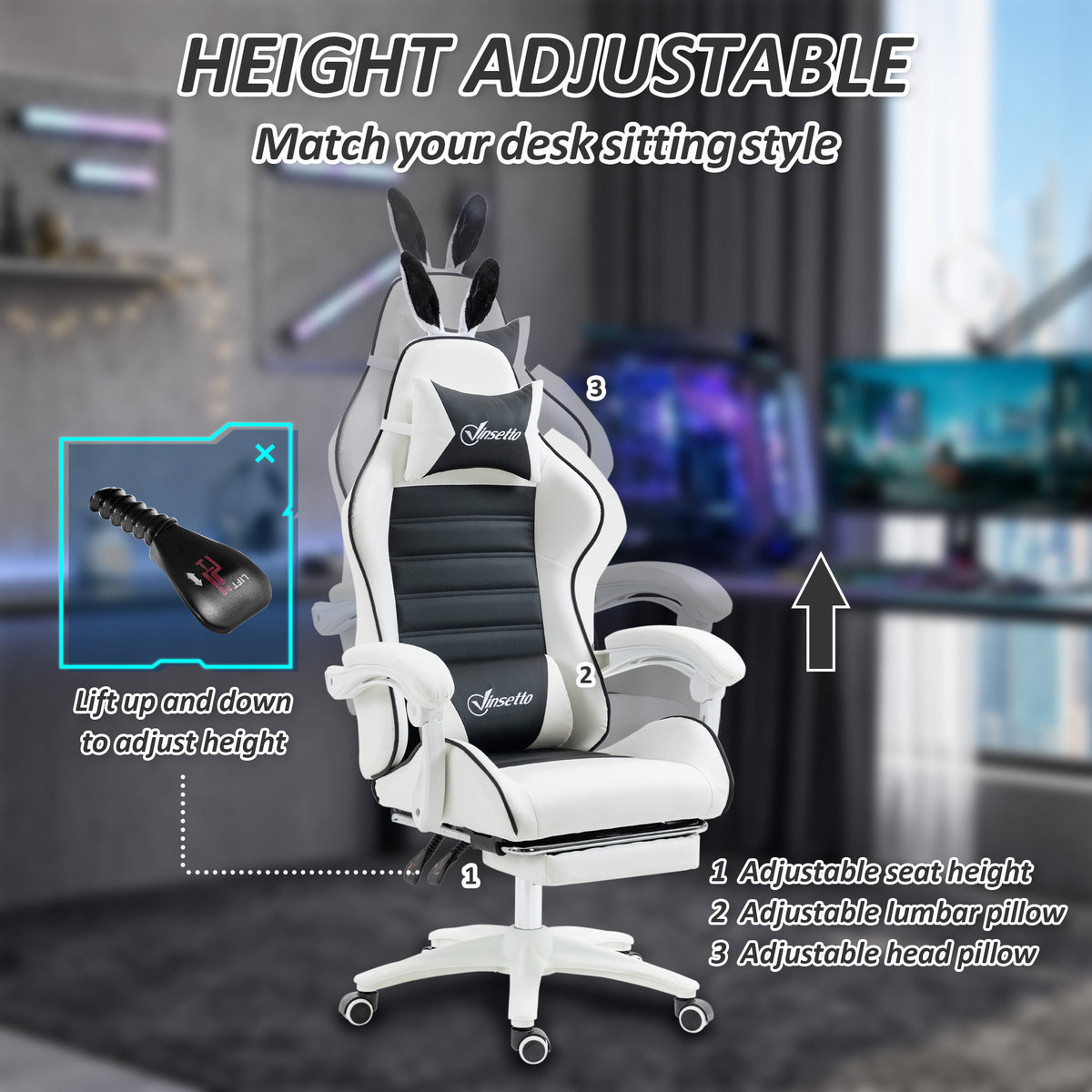 Cute Racing Gamer Chair, PU Leather Gaming Chair with Footrest, Black