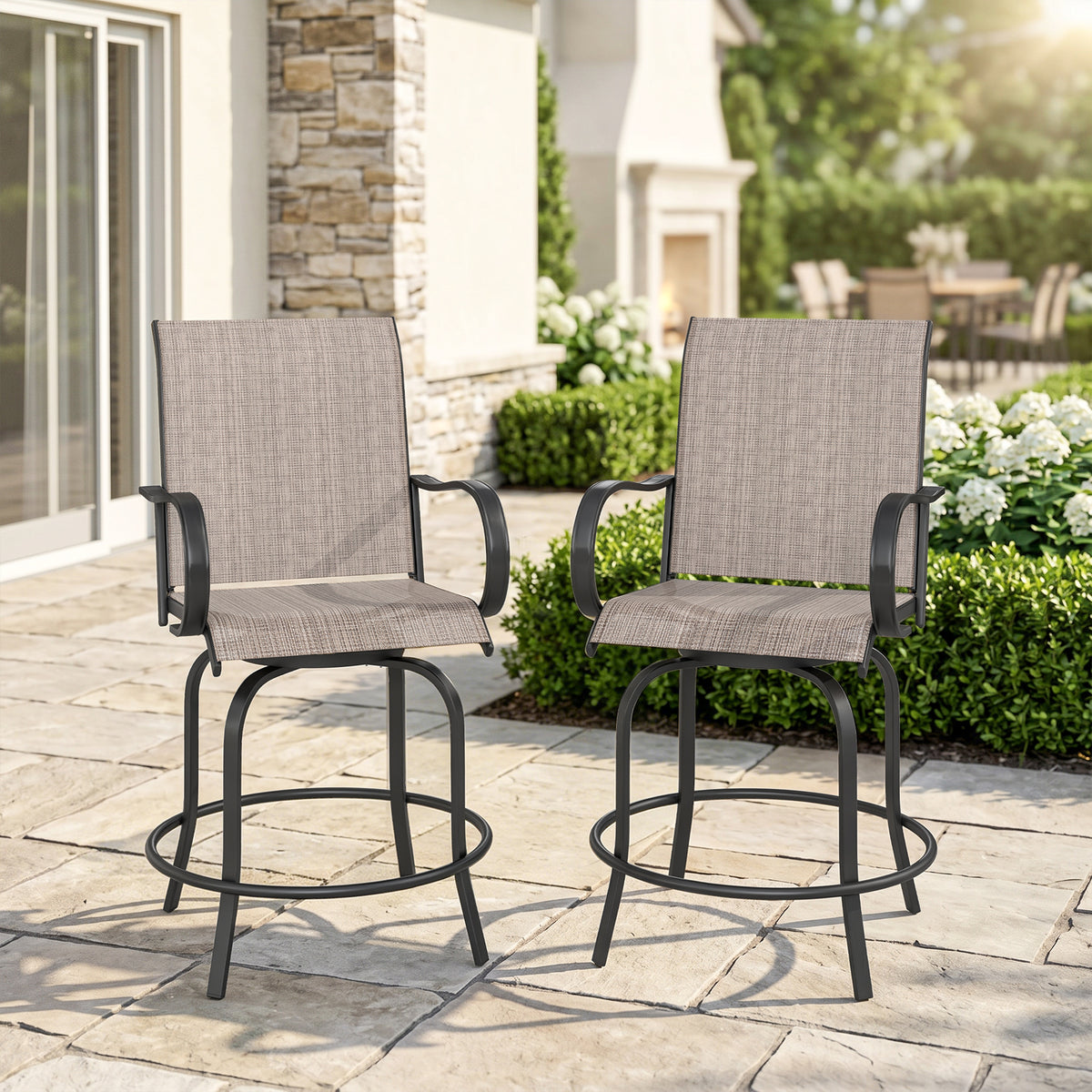 Outdoor Bar Stools Set of 2, 360° Swivel Bar Height Chairs, 26.8" x 29.5" x 48.4", Tan – Tan