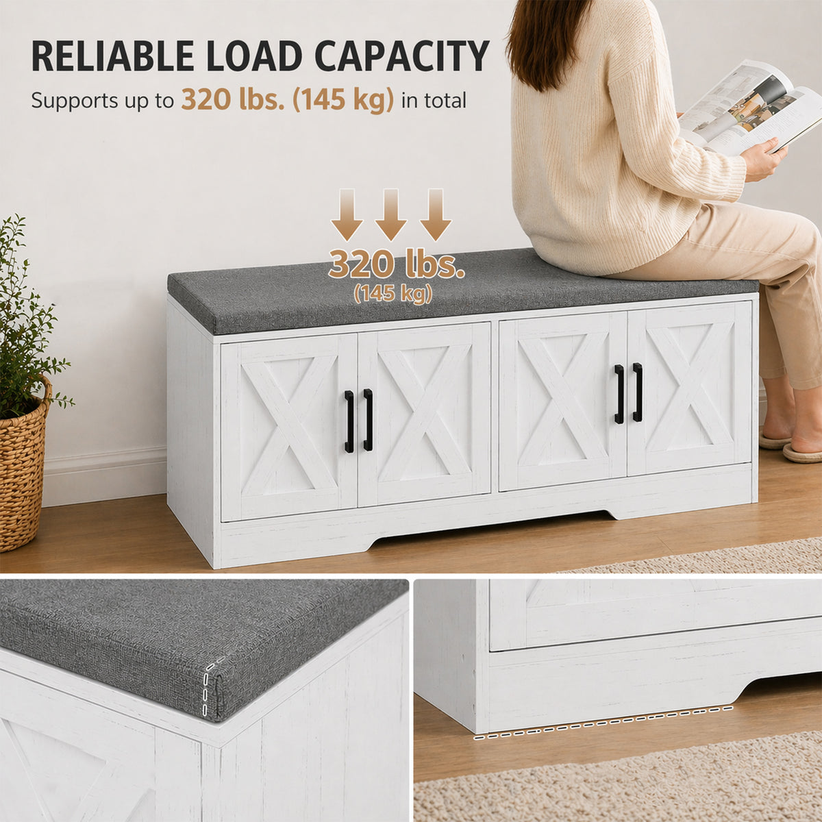 Shoe Storage Bench with Cushion and Doors – 47"W x 18"H